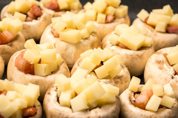 Fresh Champignon Mushrooms With Ham And Hard Cheese