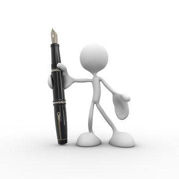 3d character keeps a pen in hand