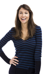 Fototapeta premium Beautiful and happy woman smiling over a white background