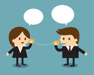 Businessman and woman talking with can telephone