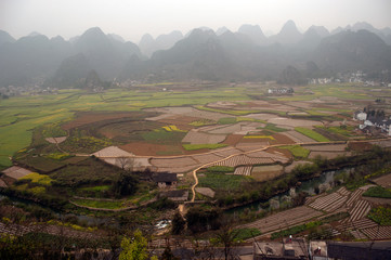 Village and flower plantation scenery in Wanfenglin in China.