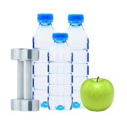 Blue bottles with water, chromed fitness dumbbells and green app