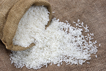 Raw rice in canvas sack
