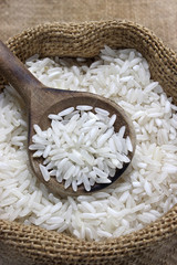 Raw rice in canvas sack