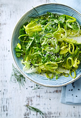 Bowl of Green Salad made with Lettuce, Leek and Sesame Seeds