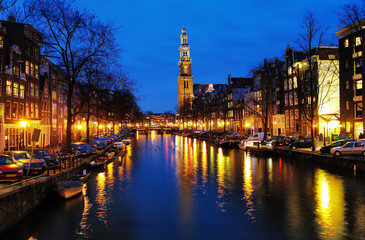 Obraz premium Evening view on the Western church in Amsterdam