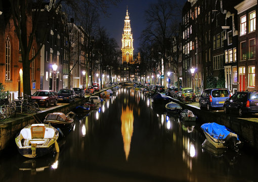 Evening view on the South church in Amsterdam