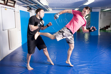 Fototapeta na wymiar leg kick in the belly during martial art training