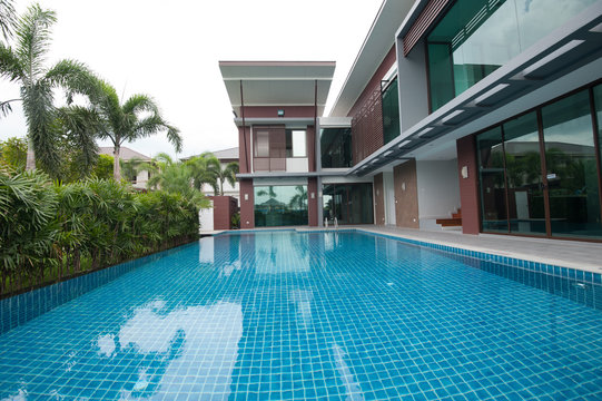 Swimming pool and modern building