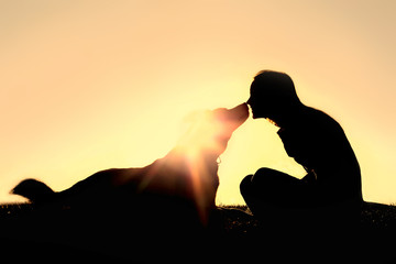 Happy Woman and Dog Outside Silhouette