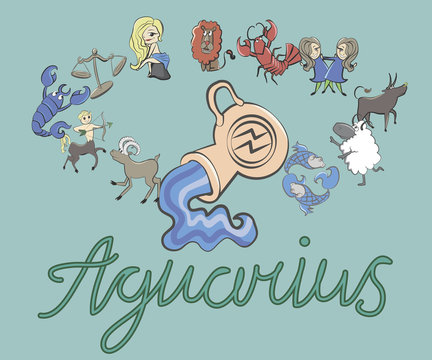 collection of cartoon zodiac signs headed by Aquarius