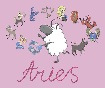 collection of cartoon zodiac signs headed by Aries