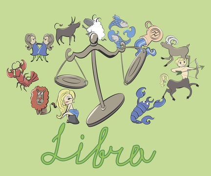 collection of cartoon zodiac signs headed by Libra