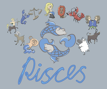 collection of cartoon zodiac signs headed by Pisces