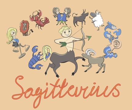 collection of cartoon zodiac signs headed by Sagittarius