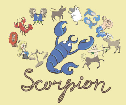 collection of cartoon zodiac signs headed by Scorpion