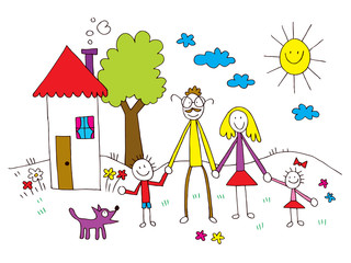 family in kids drawing style