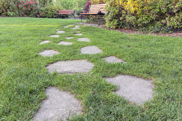 Stone Steps to Park Bench Low Perspective