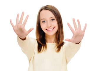 Portrait of smiling woman showing ten fingers