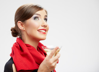 Young happy woman in black dress with glass.