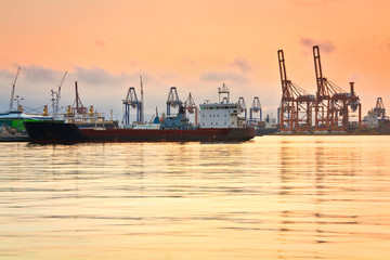 Fototapeta na wymiar Cargo port Piraeus at sunset, Athens.