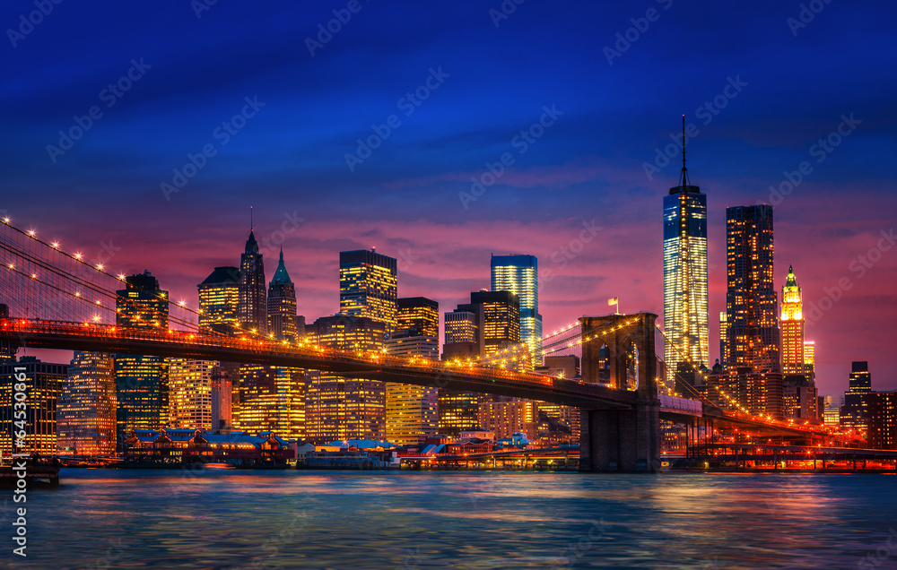 Wall mural manhattan with lights and reflections