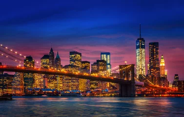 Crédence de cuisine en verre imprimé Brooklyn Bridge Manhattan avec lumières et reflets
