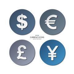 Obraz premium Vector set of currency icons, dollar, euro, pound, yen.