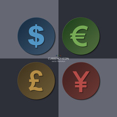 Vector set of currency icons, dollar, euro, pound, yen.