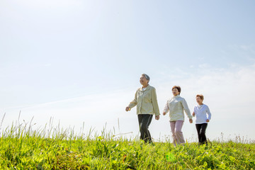 Naklejka na ściany i meble 青空の日に草原の丘を散歩している3人の高齢者女性