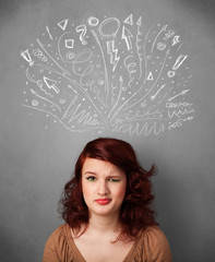 Young woman thinking with sketched arrows above her head