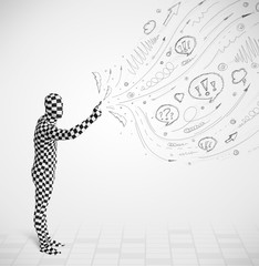 Guy in body suit morphsuit looking at sketches and doodles