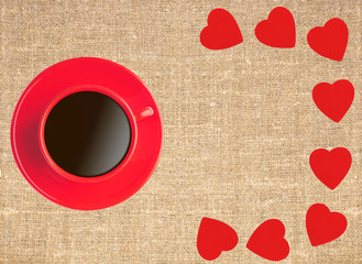Border frame of red hearts and coffee cup on sack canvas burlap