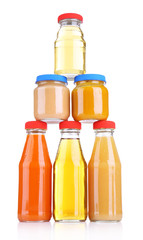 Baby food in glass jars, isolated on white