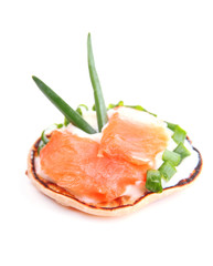 Pancake with salmon and mayo, isolated on white