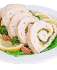 Delicious chicken roll on plate close-up