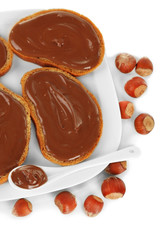 Bread with sweet chocolate hazelnut spread