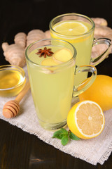 Healthy ginger tea with lemon and honey on table close-up