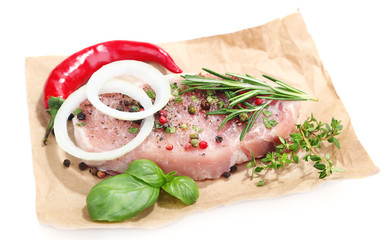 Raw meat steak with spices  herbs, isolated on white