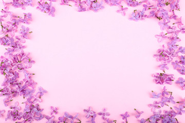 Fototapeta na wymiar Beautiful lilac flowers frame on pink background