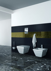 Toilet and bidet against black tiles