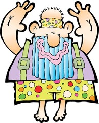 An old smiling hippy with a long beard waving