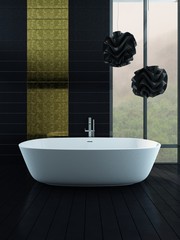 White bathtub stading in front of black tiled wall