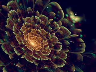 Obraz premium orange fractal flower with green details on petals, on black