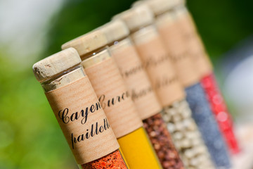 Various colorful spices, powders and herbs