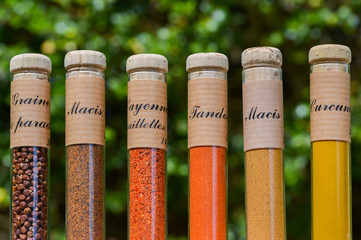 Various colorful spices, powders and herbs