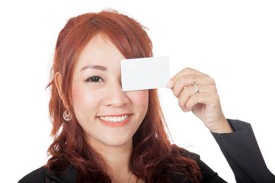Asian office girl close her eye with a blank card