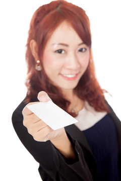 Asian office girl show blank card focus on the card