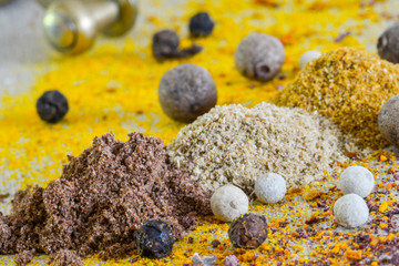 Various colorful spices, powders and herbs
