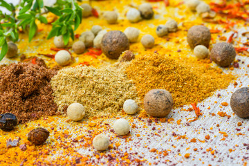 Various colorful spices, powders and herbs